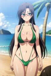 ai_generated beach big_breast big_breasts bikini black_hair black_hair_female glasses green_bikini green_eyes green_swimsuit green_swimwear hasegawa_chisato huge_breast huge_breasts large_breast large_breasts mature_female mature_woman milf older_female older_woman red_glasses shinmai_maou_no_testament sling_bikini sling_swimsuit slingshot_bikini slingshot_swimsuit swimsuit swimwear