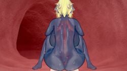 1boy 1girls backboob blackoin blonde_hair fate/grand_order fate_(series) grey-skinned_female grey_body grey_skin large_breasts light-skinned_male mordred_(fate) queen_of_hearts stand_and_carry_position