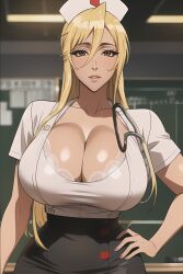 ai_generated big_breasts blonde blonde_female blonde_hair blonde_hair_female giant_breasts highschool_of_the_dead huge_breasts large_breasts nurse nurse_cap nurse_clothing nurse_hat nurse_headwear nurse_outfit nurse_uniform shizuka_marikawa yellow_eyes