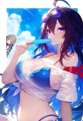 beach bikini bronya_rand honkai:_star_rail honkai_(series) ice icicle outdoors popsicle see-through seele_(honkai:_star_rail) sucking sunglasses_on_head