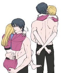 1boy 1girls arms_around_neck barefoot blonde_hair chi_c_lov clinging clothed embrace female gintama hugging japanese_clothes kawakami_bansai kijima_matako kimono leg_lock long_hair male pale-skinned_female pale-skinned_male side_ponytail smile teal_hair topless_male wholesome