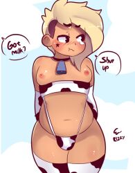 1boy 2d 2d_(artwork) :t ? about_to_cry areola arms_behind_back armwear artist_signature belly_button big_hair blonde_hair blush blush_lines blushing breasts bulge chubby chubby_femboy clothing cow_print cow_print_armwear cow_print_bikini cow_print_legwear cow_print_thighhighs cowbell cowprint dark-skinned_male dark_skin dialogue embarrassed english english_text facial_markings femboy feminine_male girly girly_boy human legwear long_hair looking_away male male_only miiya_(rizkitsuneki) miiyauwu moobs nipples oc original_character shaved_side shiny shiny_skin side_shave sissy slightly_chubby slightly_chubby_male speech speech_bubble standing star star_(symbol) tear text thick_thighs thighs wide_hips