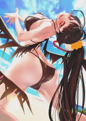 absurdres arched_back ass bikini black_bikini black_hair black_wings blue_archive breasts ebitop female flower hair_flower hair_ornament halo highres outdoors red_eyes solo swimsuit tsurugi_(blue_archive) wings