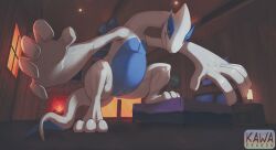 3_toes balls bed bedroom big_hands blue_body drakawa feet female feral fireplace furniture generation_2_pokemon genitals hi_res inside legendary_pokemon long_neck lugia nintendo penis pokemon pokemon_(species) pussy solo toes white_body winged_arms wings