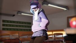 3d classroom clothed clothing female fortnite fully_clothed glasses hands_in_pockets leelah_(fortnite) looking_at_viewer sfw smiling smiling_at_viewer