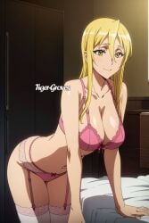 ai_generated big_breasts blonde blonde_female blonde_hair blonde_hair_female bra garter_belt garter_straps highschool_of_the_dead huge_breasts large_breasts lingerie panties pink_bra pink_lingerie pink_panties pink_stockings pink_underwear shizuka_marikawa stockings tiger-groves underwear yellow_eyes