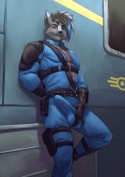 against_surface against_wall anthro athletic athletic_anthro belt big_bulge black_hair black_nose bulge bulge_grab canid canine canis cheek_tuft clothed clothing detailed_bulge erection facial_tuft fully_clothed fur grey_body grey_fur hair hi_res highlights_(coloring) looking_at_viewer lorenzobrezo male mammal red_eyes seductive smile solo tuft wolf yellow_sclera