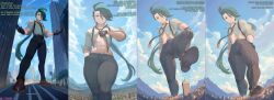 1girls 4koma abs ai_generated city cityscape crush dspaceous english_text giantess giantess_growth green_hair growth growth_sequence muscular_female pokemon pokemon_sv red_eyes rika_(pokemon) solo solo_female stepped_on