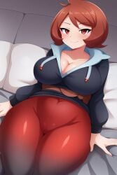 ai_generated arezu_(pokemon) arms_at_sides bangs big_breasts blush busty cleavage creatures_(company) curvy female female_only front_view game_freak hi_res highres multicolored_legwear multicolored_tights navel_visible_through_clothes nintendo pantyhose pokemon pokemon_(game) pokemon_legends:_arceus pokemon_trainer red_hair seraphim_ai sitting smile solo spandex stable_diffusion tights uniform