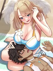 artist_request assertive_female beach bikini blue_eyes blush blushing breasts_hang breasts_on_face brown_eyes dark-skinned_male dark_skin embarrassed eunie_(xenoblade) eyebrows eyelashes fingers_in_hair glasses huge_breasts interracial nerd nerdy_male nintendo pale-skinned_female pale_skin romantic sand shy taion_(xenoblade) teasing towel white_skin xenoblade_(series) xenoblade_chronicles_(series) xenoblade_chronicles_3