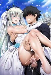 1boy 1girls 2024 ai_generated black_hair blue_eyes church cyclone_(ai_style) fate/grand_order fate_(series) fujimaru_ritsuka_(male) gudao husband_and_wife married_couple morgan_le_fay_(fate) pixiv princess_carry sex sideways_suspended_congress tagme wedding wedding_dress wedding_lingerie wedding_veil white_hair