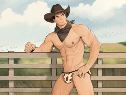 1boy bara bulge cowboy cowboy_hat katto8452 lin.katto male male_focus male_nipples male_only muscular_male nipples precum precum_drip precum_through_underwear solo_male underwear