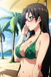 ai_generated beach big_breast big_breasts bikini black_hair black_hair_female glasses green_bikini green_eyes green_swimsuit green_swimwear hasegawa_chisato huge_breast huge_breasts large_breast large_breasts mature_female mature_woman milf older_female older_woman red_glasses shinmai_maou_no_testament sling_bikini sling_swimsuit slingshot_bikini slingshot_swimsuit swimsuit swimwear