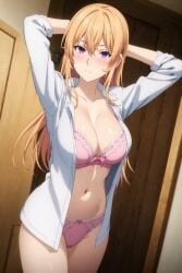 ai_generated arms_above_head arms_behind_head big_breasts embarrassed embarrassed_female looking_at_viewer nakiri_erina open_shirt pink_underwear posing posing_for_the_viewer shokugeki_no_souma underwear