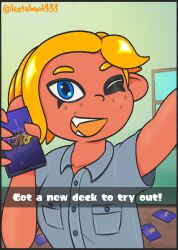 1girls artist_name blue_eyes card cards inkling inkling_girl lastabond looking_at_viewer open_mouth selfie short_hair splatoon splatoon_(series) splatoon_3 wink winking_at_viewer