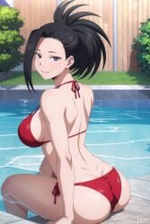 ai_generated big_ass big_breasts big_butt bikini boku_no_hero_academia halter_bikini halterneck looking_at_viewer looking_back looking_back_at_viewer momo_yaoyorozu my_hero_academia pool poolside red_bikini sitting yaoyorozu_momo