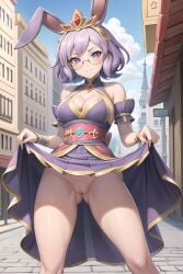 ai_generated bunny_ears day dress_lift female glasses looking_at_viewer paladins purple_eyes purple_hair rei_(paladins) short_hair stable_diffusion tiara