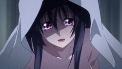 1girls akeno_himejima animated black_hair blanket blue_blanket completely_nude completely_nude_female english_dialogue english_voice_acting female high_school_dxd mp4 naked naked_female nude nude_female official_animation open-mouth_smile purple_eyes smile sound tagme tnk_(company) under_blanket video