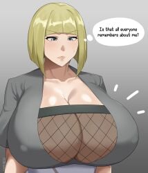 1girls big_breasts blonde_hair blue_eyes breast_focus breasts breasts_bigger_than_head cleavage clothing english english_text female female_only fishnet fishnet_topwear hair huge_breasts large_breasts lips muundae naruto naruto_(series) nipple_bulge samui short_hair solo solo_female sweat sweatdrop text thought_bubble upper_body