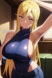 ai_generated big_breasts blonde blonde_female blonde_hair blonde_hair_female blue_sweater highschool_of_the_dead huge_breasts jeans large_breasts shizuka_marikawa sweater tiger-groves yellow_eyes