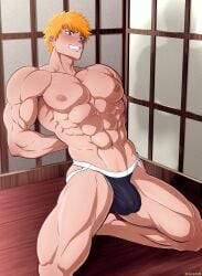 1boy bara bleach blush bulge grelx ichigo_kurosaki jockstrap male male_focus male_nipples male_only male_pubic_hair muscular_male nipples orange_hair penis_outline solo_male underwear