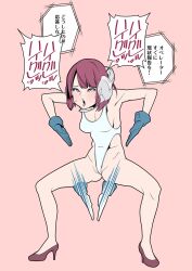 1girls ahe_gao bangs blush brainwashing breasts female female_only femsub gloves haigure headphones heels high_heels highleg japanese_text large_breasts leotard microphone person_of_rom pink_background pose post_transformation purple_eyes purple_hair short_hair solo spread_legs sweat text tongue tongue_out transformation white_leotard