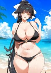 1girls ai_generated azur_lane beach big_breasts bikini black_bikini black_hair blush breasts female female_focus female_only huge_breasts large_breasts long_hair looking_at_viewer navel ocean ponytail smiling_at_viewer takao_(azur_lane) yellow_eyes