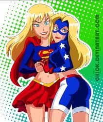 2girls blonde_female blonde_hair blonde_hair_female blue_clothing blue_eyes blue_shorts cape chiok clothed clothed_female courtney_whitmore crop_top dc dc_comics deviantart deviantart_link deviantart_url deviantart_username duo female female_only green_background hugging hugging_partner justice_league justice_league_unlimited justice_society_of_america kara_zor-el kryptonian light-skinned_female long_hair long_sleeves looking_at_viewer looking_back looking_back_at_viewer mask masked_female midriff miniskirt pleated_skirt red_cape red_glove red_lips red_miniskirt red_skirt shorts smile smiling smiling_at_viewer stargirl supergirl superhero_costume superheroine younger_female