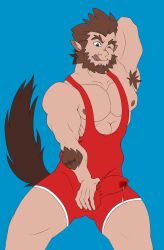 armpit_hair artist_request balls bara beard body_hair boner erection erection_under_clothes facial_hair hand_behind_head male male_only monster_prom muscles muscular one_eye_closed penis scott_howl singlet solo solo_male tail tongue_out werewolf wolf_tail