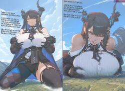 1girls 2koma ai_generated breast_press dspaceous english_text giantess hololive hololive_english huge_breasts nerissa_ravencroft smug solo solo_female virtual_youtuber