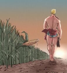 1boy ass bara barefoot blonde_hair check_copyright clothes_around_waist copyright_request corn corn_field country_girls_make_do denim denim_shorts facing_away from_behind full_body gradient_sky implied_after_masturbation male_focus meme micro_shorts muscular muscular_male oricalcon original outdoors shirt shirt_around_waist short_hair shorts sky solo walking walking_away