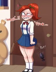 after_anal aroused aroused_smile big_breasts bowtie buttplug clenched_teeth freckles ginger lech_lewds natalie_collins nerd nerdy_female school_uniform sex_toy solo squirting sweat