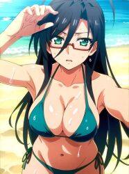 ai_generated beach big_boobs big_breast big_breasts bikini black_hair black_hair_female glasses green_bikini green_eyes green_swimsuit green_swimwear hasegawa_chisato huge_breast huge_breasts large_breast large_breasts mature_female mature_woman milf older_female older_woman red_glasses shinmai_maou_no_testament swimsuit swimwear