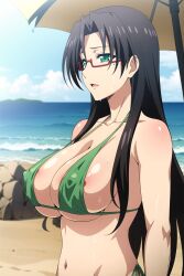 ai_generated beach big_breast big_breasts bikini black_hair black_hair_female glasses green_bikini green_eyes green_swimsuit green_swimwear hasegawa_chisato huge_breast huge_breasts large_breast large_breasts mature_female mature_woman milf older_female older_woman red_glasses shinmai_maou_no_testament sling_bikini sling_swimsuit slingshot_bikini slingshot_swimsuit swimsuit swimwear