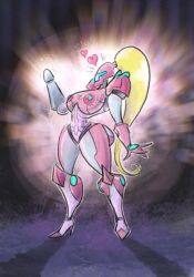 armor armored_samus bimbofication blonde_hair breasts clothed dildo female_only femsub heart heeled_feet helmet high_heels huge_breasts large_breasts large_hips long_hair metroid mr-dna nintendo nipples ponytail power_suit samus_aran sex_toy solo standing varia_suit