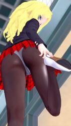 1girls 3d ass big_ass blonde_hair blue_eyes bubble_butt female female_only frenda_seivelun from_behind leg_up legs long_hair looking_at_viewer looking_back looking_down pantyhose school_uniform sensual shoes skirt solo thighs thong thong_under_pantyhose to_aru_kagaku_no_railgun to_aru_majutsu_no_index undressing