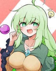 big_breasts blushing female_only girl green_eyes_female green_hair lightbulb open_mouth thinking