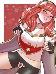 1girls bangs blunt_bangs breasts celica_(fire_emblem) clothes_lift female female_only fire_emblem fire_emblem_echoes:_shadows_of_valentia hairband lifted_by_self looking_at_viewer medium_breasts mnejing nintendo red_eyes red_hair ripped_clothing shorts skirt_lift solo thighs torn_clothes upskirt