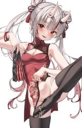 1girls bare_shoulders black_thighhighs blush breasts chinese_clothes cleavage double_bun fangs grey_hair hair_bun hololive hololive_gen_2 hololive_japan long_hair medium_breasts multicolored_hair nakiri_ayame navel oni oni_horns open_mouth red_dress red_eyes red_hair scarlet_(ww0102) smile solo straight_hair twintails virtual_youtuber