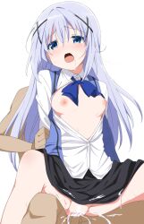 blue_eyes blue_hair blush cowgirl_position cum cum_in_pussy cum_inside female hair_ornament hajimeme3 human is_the_order_a_rabbit? kafuu_chino long_hair male open_clothes open_mouth pussy sex straight uncensored vaginal_penetration