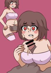 1boy 1girls blush brown_hair chara clothed_rape cum dark-skinned_male light-skinned_female pale-skinned_female pink_bra pink_stockings pregnant rape red_eyes surprised tagme touching_belly undertale