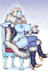 1girls bare_breasts blonde_hair blue_eyes blue_skin chair eira_lumidelle female female_only half-dressed hamster ice_queen pointy_nose queen royalty solo tagme tits_out