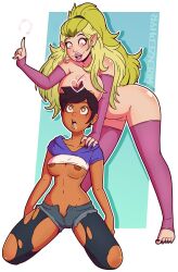 2girls amity_blight amity_blight_(beta) areola areolae bimbo bimbo_lips bimbofication black_hair blue_background breasts brown_hair brown_skin canon_couple dark-skinned_female dark_areola dark_areolae dark_nipples dark_skin disney disney_channel dominican drooling female female_only green_hair heart-shaped_pupils hispanic human humanoid hypnosis jean_shorts jeans latina latina_bimbo long_hair luz_noceda magic mind_control multiple_girls nipples pale_skin short_hair straight_hair tagme the_owl_house two_tone_hair unbuttoned_shorts white_background witch wrenzephyr2