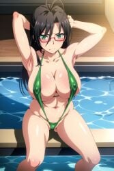 ai_generated big_breast big_breasts bikini black_hair black_hair_female glasses green_bikini green_eyes green_swimsuit green_swimwear hasegawa_chisato huge_breast huge_breasts large_breast large_breasts mature_female mature_woman milf older_female older_woman red_glasses shinmai_maou_no_testament sling_bikini sling_swimsuit slingshot_bikini slingshot_swimsuit swimsuit swimwear