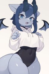 1girls 2024 ;3 adorable anthro blue_body blue_eyes blue_hair blush blush_lines cute_fangs dragon dragon_girl dragon_horns dragon_tail eyelashes female female_only furry furry_only hand_behind_head hand_on_hip hoodie horns litee medium_breasts membranous_wings navel one_eye_closed simple_background tail vertical_pupils wings