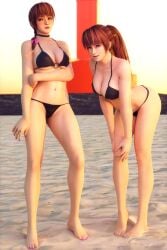 2girls 3d beach bikini braided_hair brown_eyes brown_hair cleavage clone dead_or_alive huge_breasts kasumi_(doa) large_breasts voluptuous xeexk