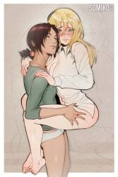 2girls attack_on_titan blonde_female blonde_hair blush blushing breasts carrying_partner christa_lenz freckles freckles_on_face grabbing_legs grabbing_thighs happy happy_female historia_reiss large_breasts leg_lock light-skinned_female panties partially_clothed partially_clothed_female shingeki_no_kyojin somikoarts tan_skin tenderness underwear ymir_(shingeki_no_kyojin) yuri