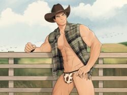 1boy bara bulge clothing cowboy cowboy_hat katto8452 lin.katto male male_focus male_nipples male_only muscular_male nipples precum precum_drip precum_through_underwear solo_male underwear