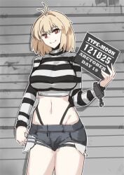 1girls alternate_costume arcueid_brunestud big_breasts blonde_hair curvy curvy_figure female female_only fully_clothed holding_object holding_sign huge_breasts jonyeld melty_blood minishorts mugshot posing prison prison_clothes prisoner prisoner_woman red_eyes shorts smile tagme thick_thighs thong_straps top_heavy tsukihime type-moon