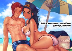 1boy 1boy1girl 1girls 2014 beach bikini black_hair breasts female female_jotaro frown hand_on_chest hat human jojo's_bizarre_adventure jotaro_kujo light-skinned_female light_skin long_hair looking_at_viewer male male_nipples male_on_female noriaki_kakyoin picnic_basket red_hair rule_63 shounen_jump smile stardust_crusaders tagme tanline tora_ryū umbrella